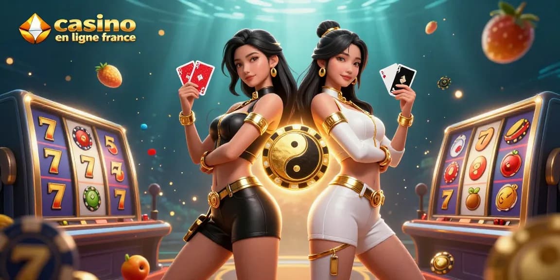 Vivez l'excitation au casino en ligne France avec de magnifiques femmes asiatiques jouant aux cartes et des éléments de casino vibrants.