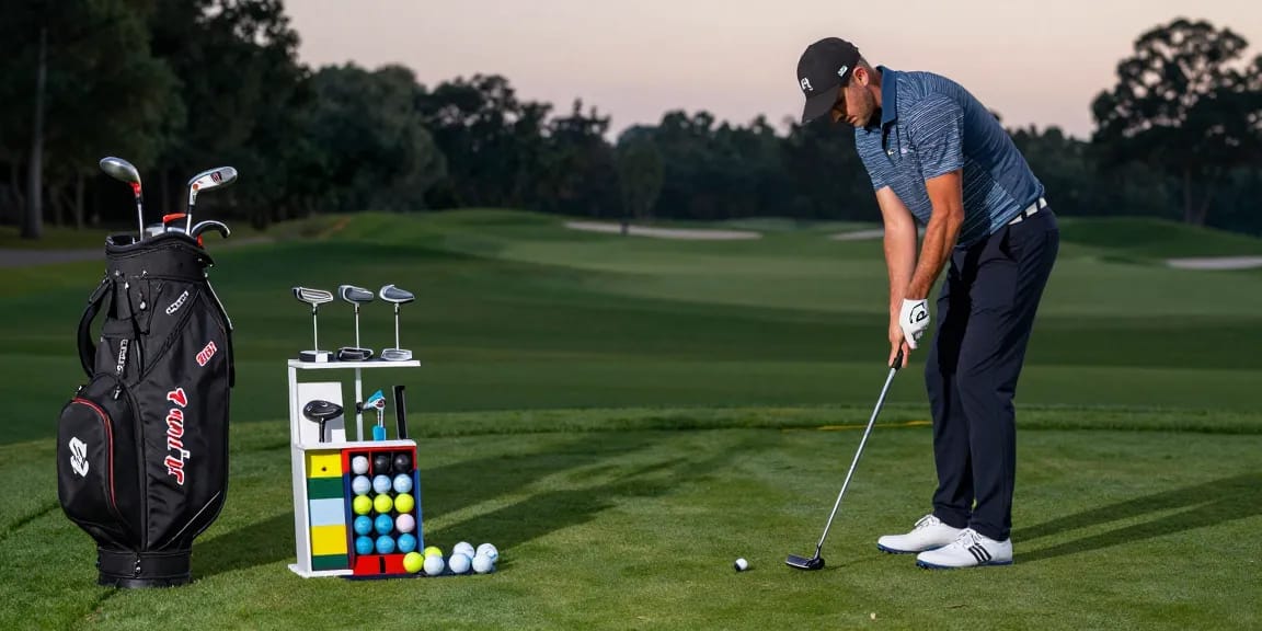 Dalam ulasan putter di https://puttperfection.com/putter-reviews, penggemar golf fokus berlatih dengan putter mallet modern di lapangan hijau yang rimbun.