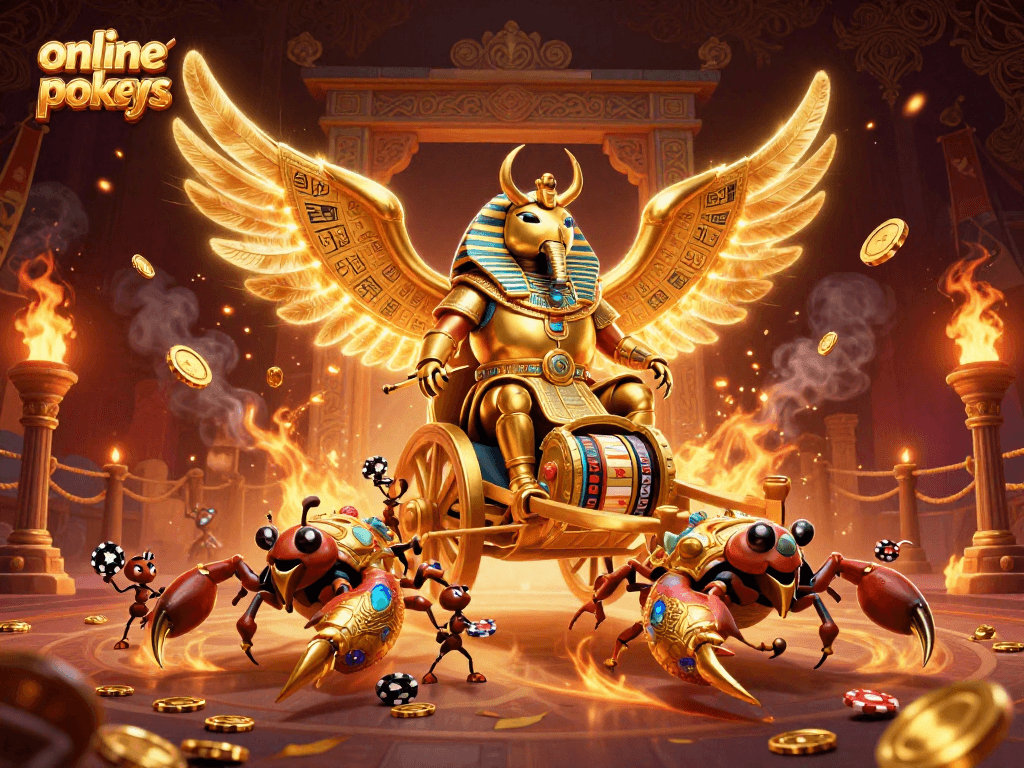 Play online pokies with a vibrant scene featuring a golden scarab beetle and dynamic casino elements.