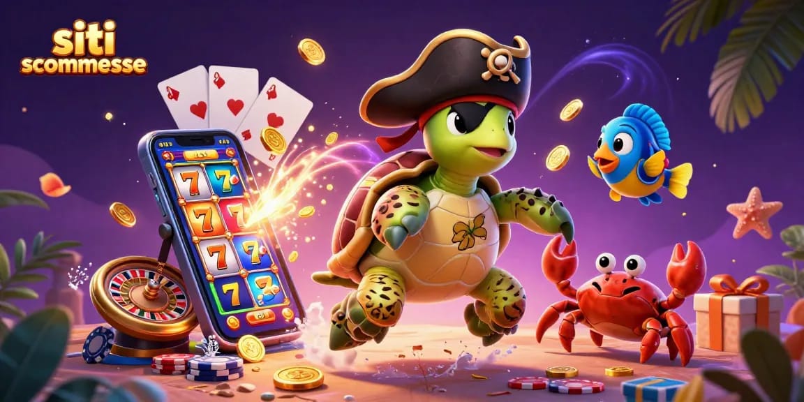 Scopri i siti scommesse mentre la tartaruga pirata esplora tesori e slot colorate in un'illustrazione vivace.