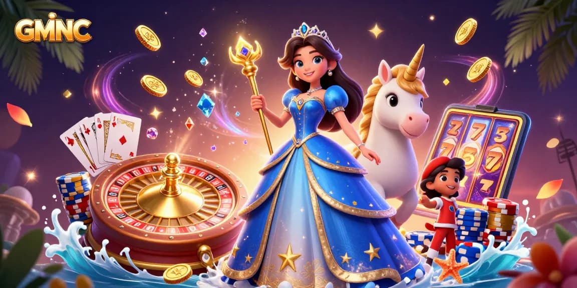 Experience GMNC with a vibrant casino scene featuring winning elements like cascading coins and a 3D roulette wheel.