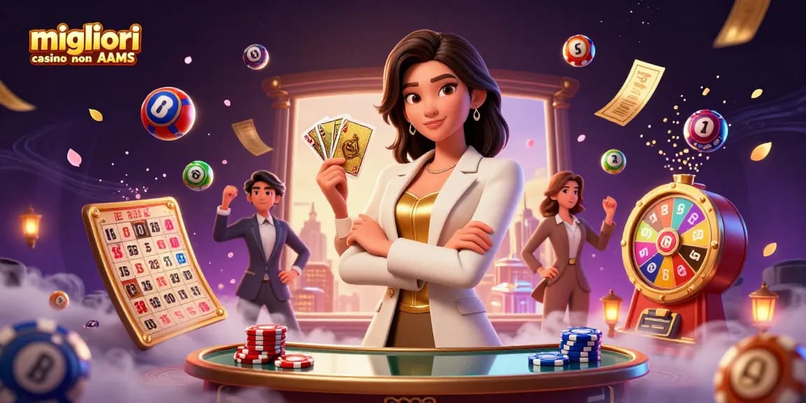 Esplora i migliori casino non AAMS con una donna asiatica elegante che tiene delle carte tra elementi vivaci del casinò.