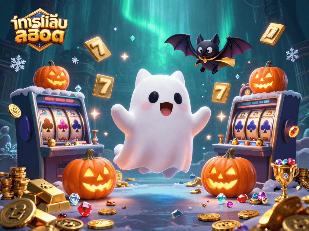 Spin the reels with ทดลองเล่นสล็อต in this vibrant ghostly casino scene featuring treasures.