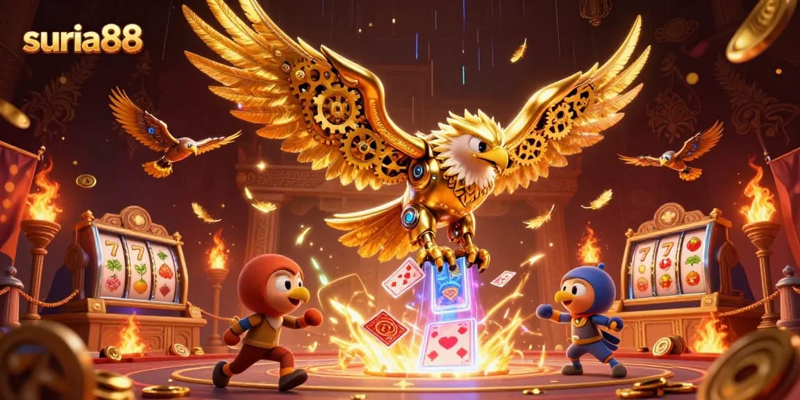 Experience winning moments at suria88 with a dynamic 3D illustration of golden eagle and vibrant casino elements.