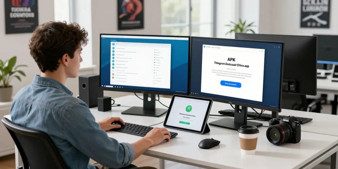 Developer using dual monitors to access telegram android china apk download in a modern workspace.