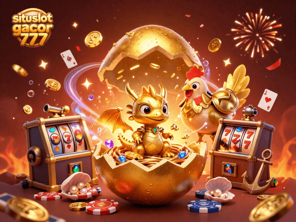 Playing slots at situs slot gacor 777 showcasing golden dragon and poker chips in a vibrant casino scene.