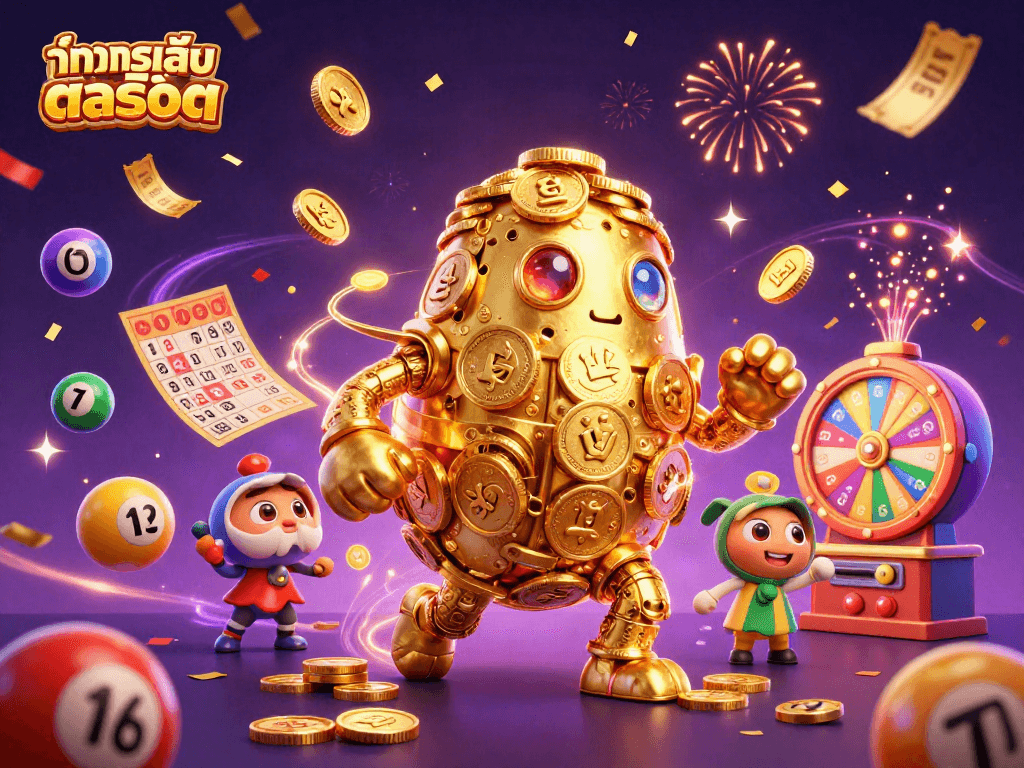 Experience ทดลองเล่นสล็อต with vibrant casino elements and a golden golem amidst lottery excitement.