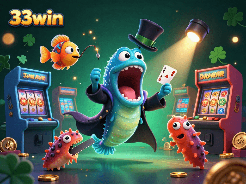 Experience vibrant casino action with 33win characters performing magic tricks in a colorful arcade.