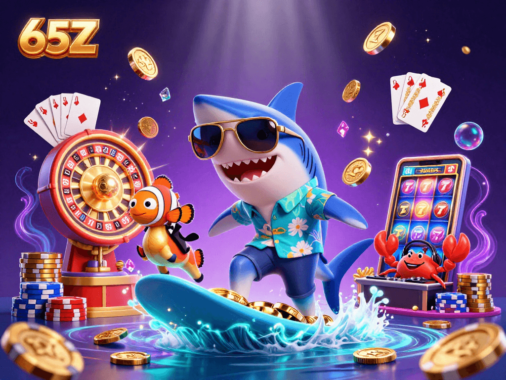 65Z: Ilustração vibrante de cassino com tubarão surfando em moedas de ouro.