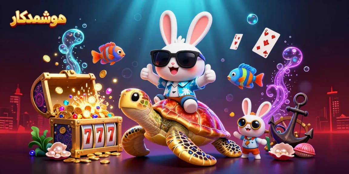 Boost your gaming luck with هوشمندکار: 3D cartoon scene of a lucky rabbit and golden turtle in an exciting casino world.