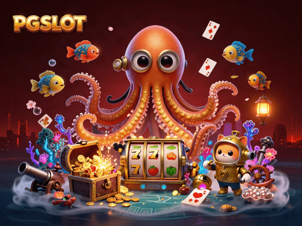 Engage with PG SLOT-themed fun featuring a kraken, diving cat, and treasure-filled ocean scene.