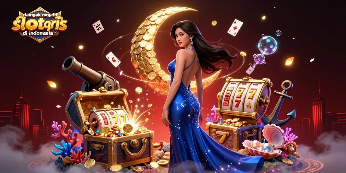 dampak negatif slot qris di indonesia illustrated by an elegant Asian woman among slot reels and glowing elements