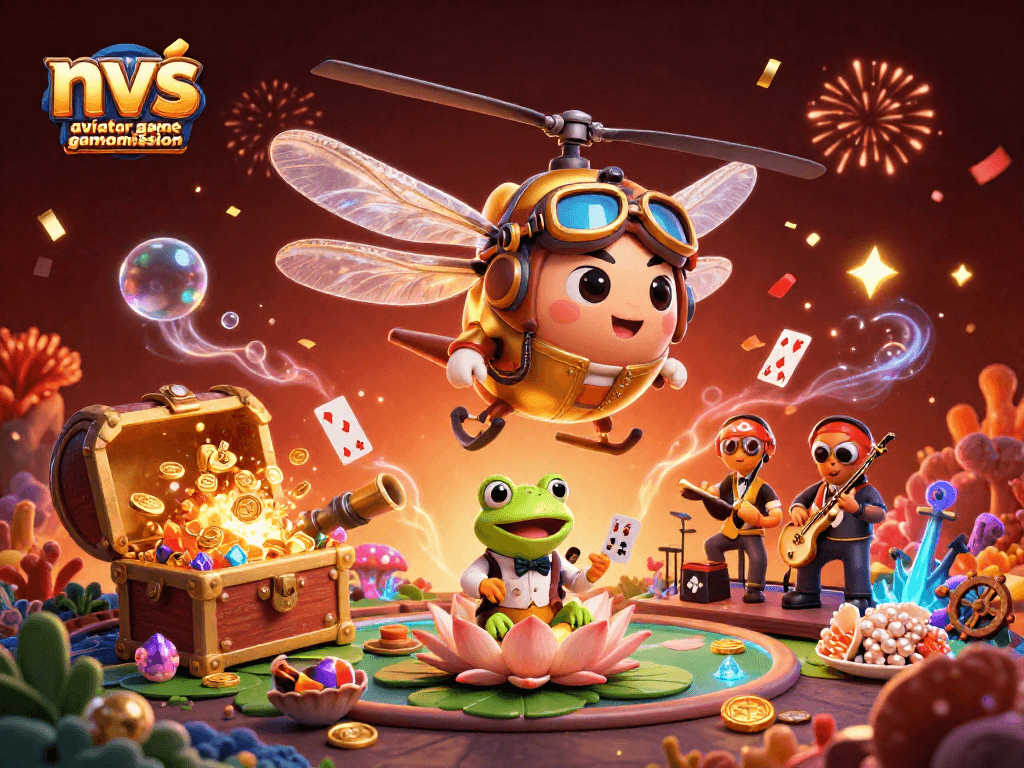 A dynamic scene showcasing the nvs aviator game admission with a cartoon dragonfly pilot and frog croupier, bringing excitement to online gambling.