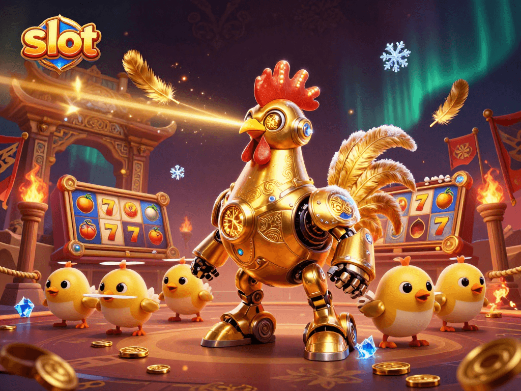 Engage with captivating slot gameplay featuring a golden rooster robot with baby chick drones.