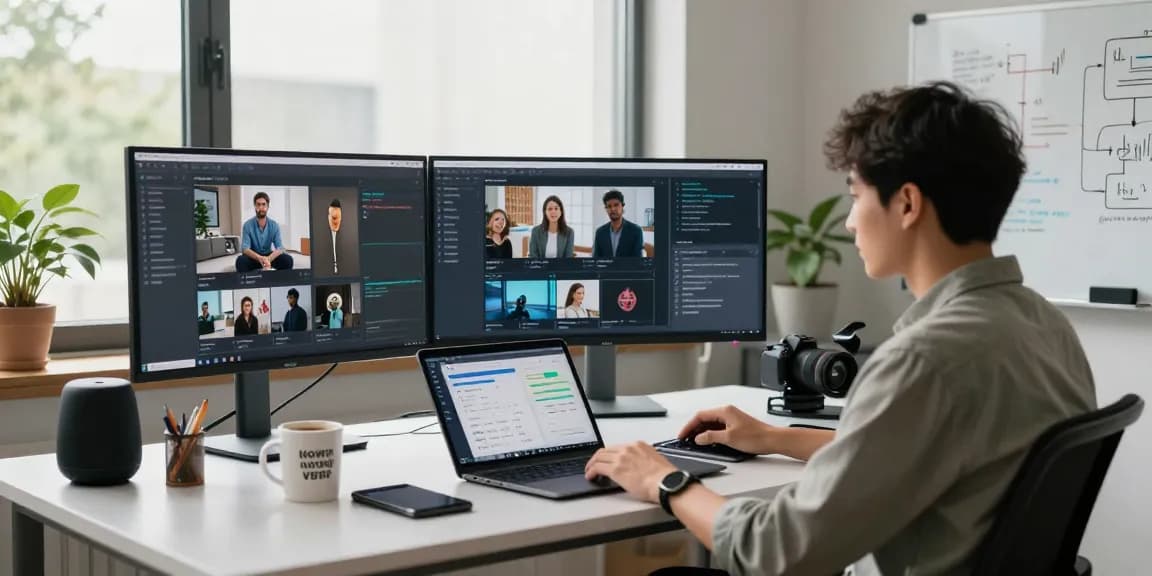 AI image detector software analysis in a modern workspace with monitors displaying moderation analytics.