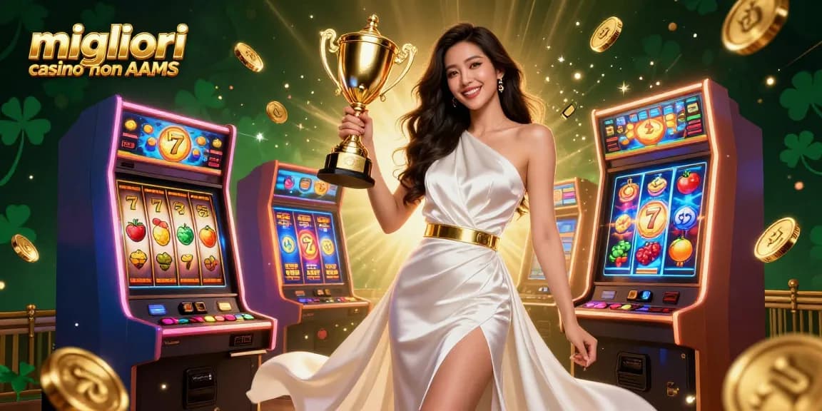 Migliori casino non AAMS con una vincitrice in un abito di lusso che tiene un trofeo circondata da slot machine.
