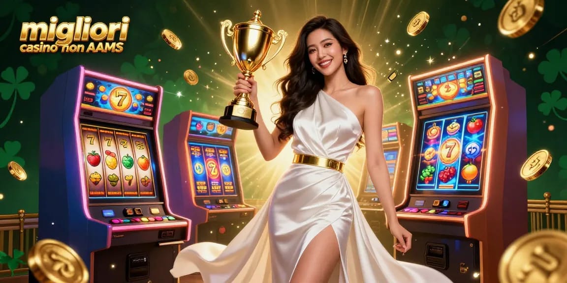 Migliori casino non AAMS con una vincitrice in un abito di lusso che tiene un trofeo circondata da slot machine.