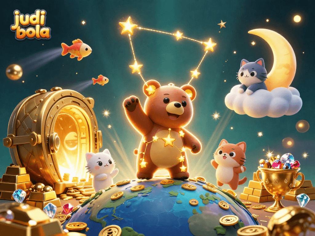 Experience thrilling judi bola action with gold treasure around a constellation bear and moon cat.
