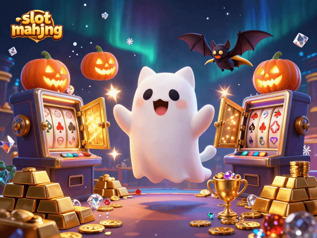 Experience the excitement of slot mahjong in a lively casino scene, highlighted by a friendly ghost cat and sparkling gems.