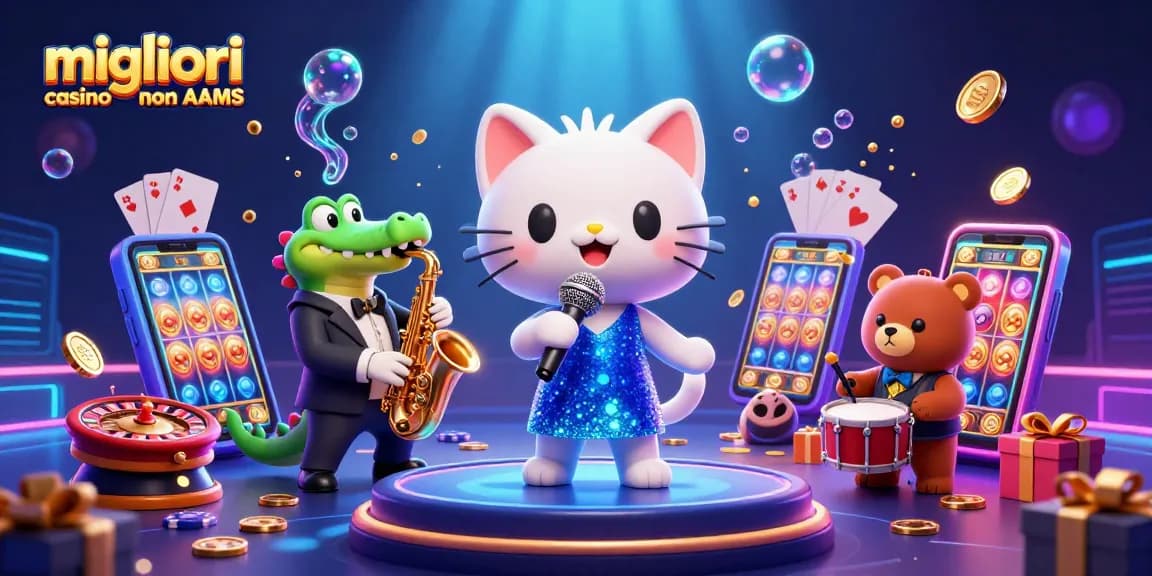 Migliori casino non AAMS con un gatto cantante jazz, un coccodrillo che suona il sassofono e un cucciolo di orso batterista tra elementi vibranti di giochi di slot.