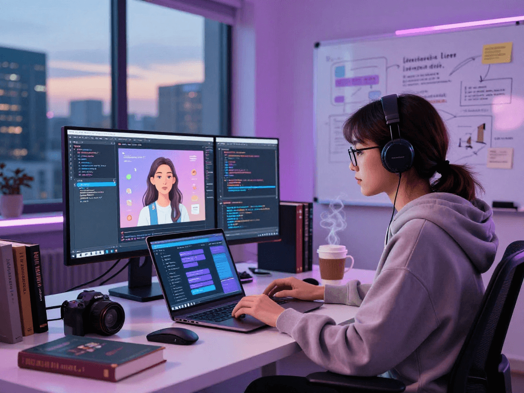 An AI developer crafting a virtual girlfriend app in a modern workspace filled with gadgets, coding books, and an interactive interface.