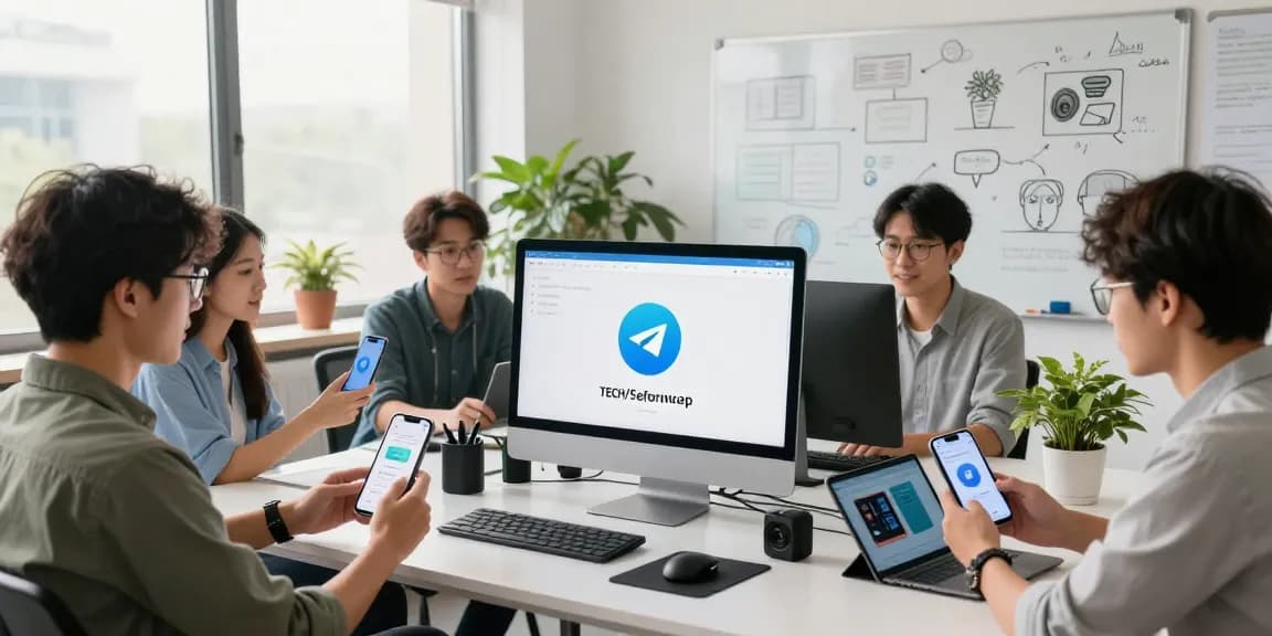 Group of tech enthusiasts examining the Telegram Android China APK download in a vibrant office setting, showcasing collaboration and innovation.