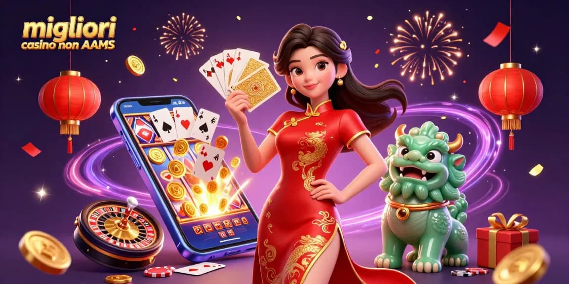 Migliori casino non AAMS in vetrina con una donna brillante in un qipao rosso, che mette in mostra elementi emozionanti del casinò.