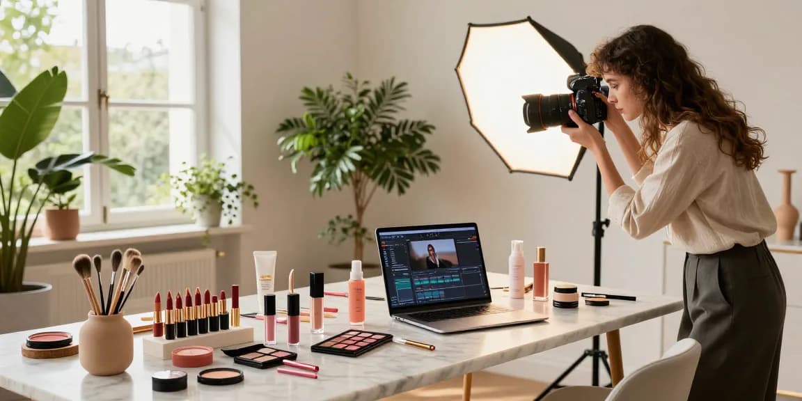 Fotografo di prodotti a Milano all'opera in studio, catturando cosmetici e accessori con una composizione creativa.