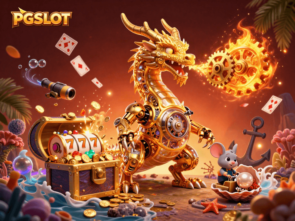 Engage in PG SLOT excitement with a vibrant 3D casino illustration featuring a golden dragon and slot reels.