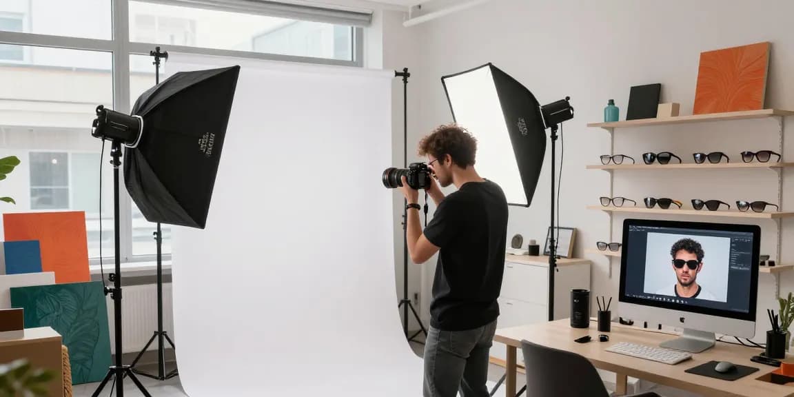 Le photographe de produits à Milan capturant des images de lunettes avec un éclairage professionnel.