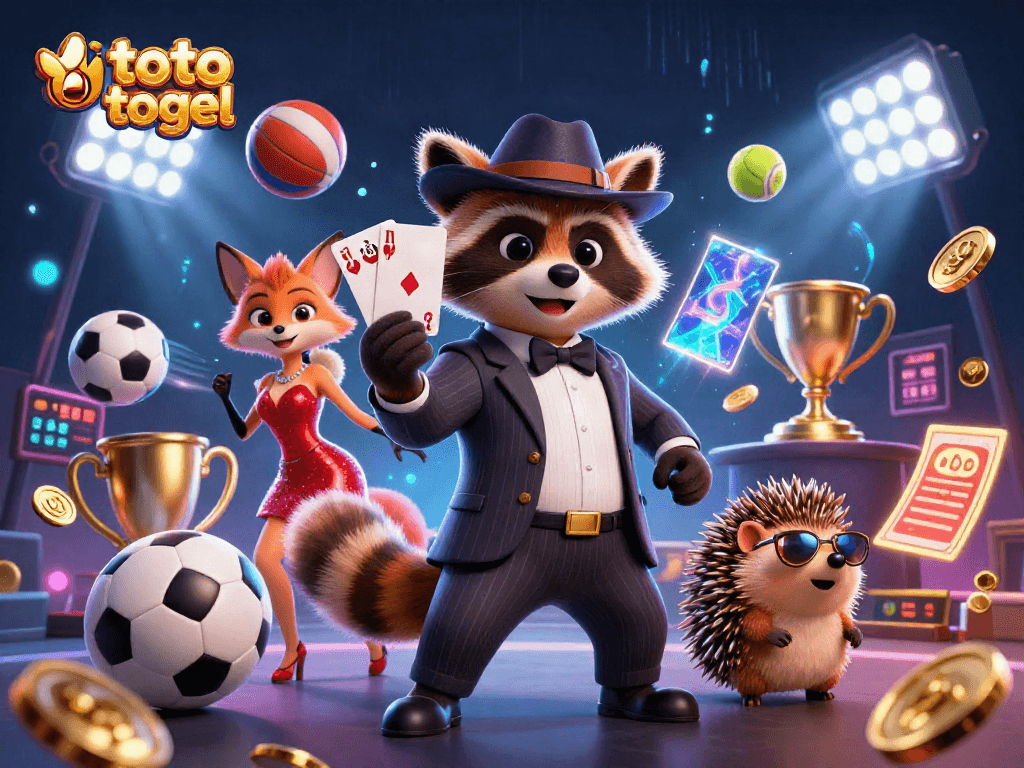 Toto togel showcases a suave raccoon, a charming fox, and a hedgehog bouncer in a vibrant 3D casino scene.