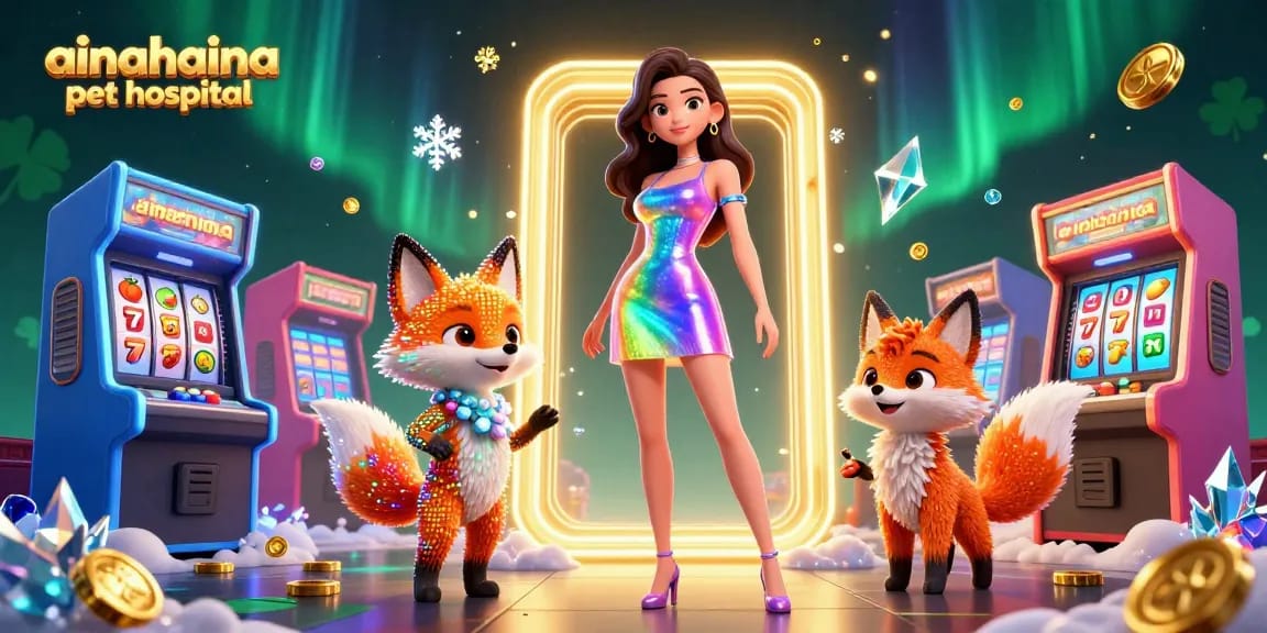 Ainahaina pet hospital showcases vibrant casino elements with an energetic 3D scene filled with characters.