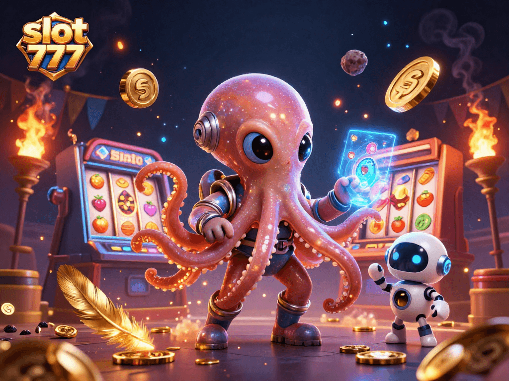 Experience exciting gameplay at slot 777 with alien octopus and robot, surrounded by vibrant casino elements.