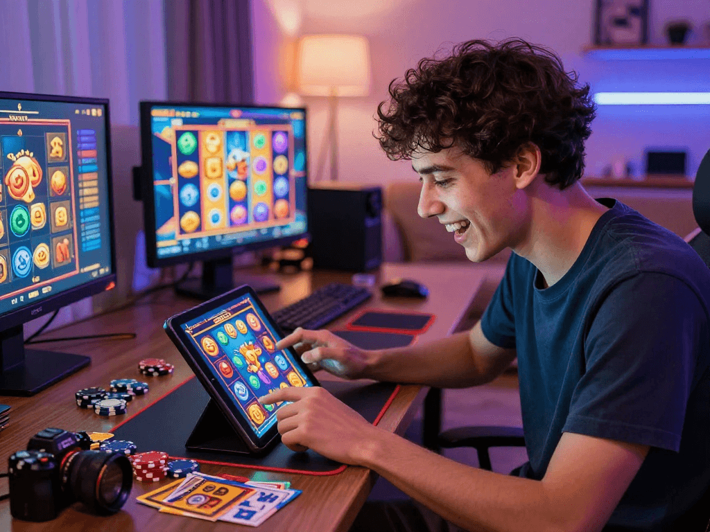 Exciting online gaming experience featuring bonus cashback slot opportunities in a vibrant living room atmosphere.