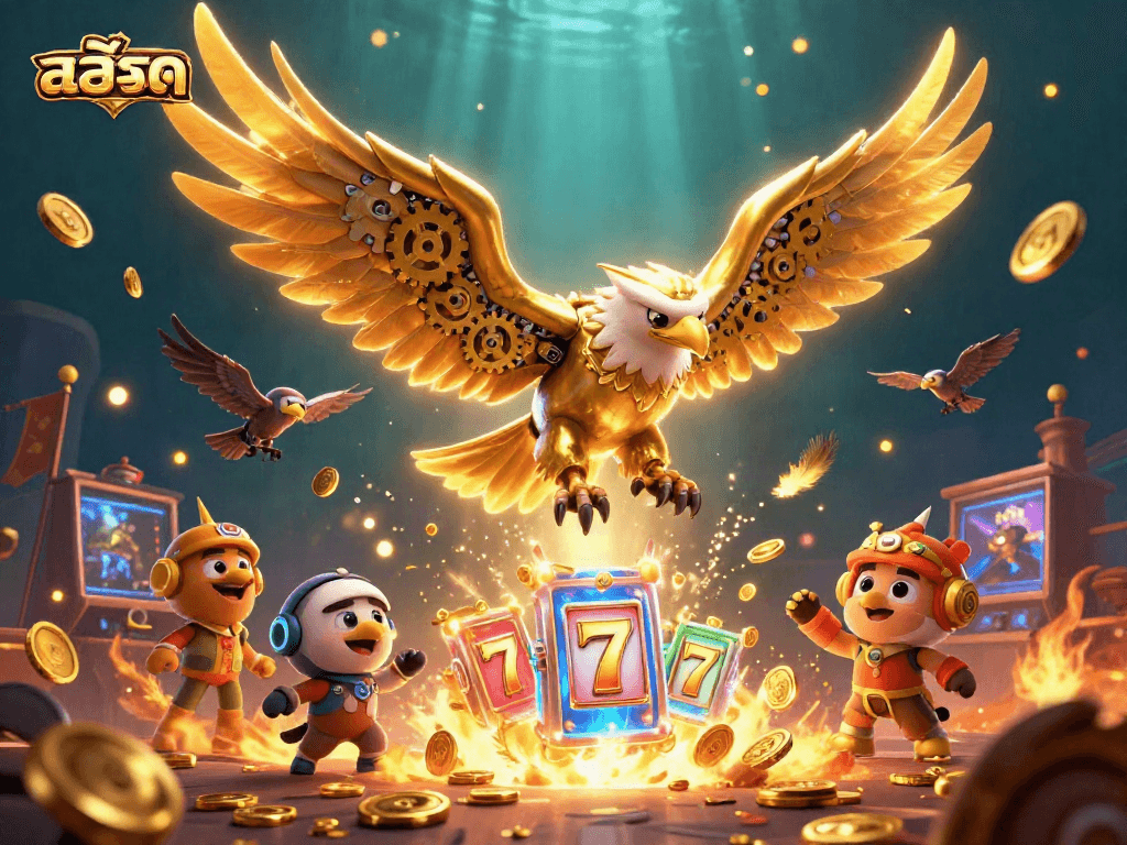 Spin slot reels with สล็อต in a vivid 3D casino scene of eagle characters and gold coins.