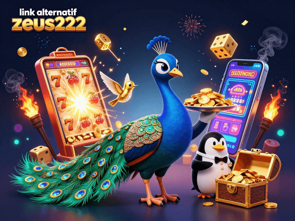 Experience link alternatif zeus222 with an exciting casino scene featuring a peacock, penguin, and hummingbird.
