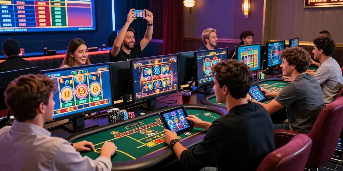 Scène excitante de joueurs s'engageant avec des jeux de casino en ligne France dans un cadre confortable.