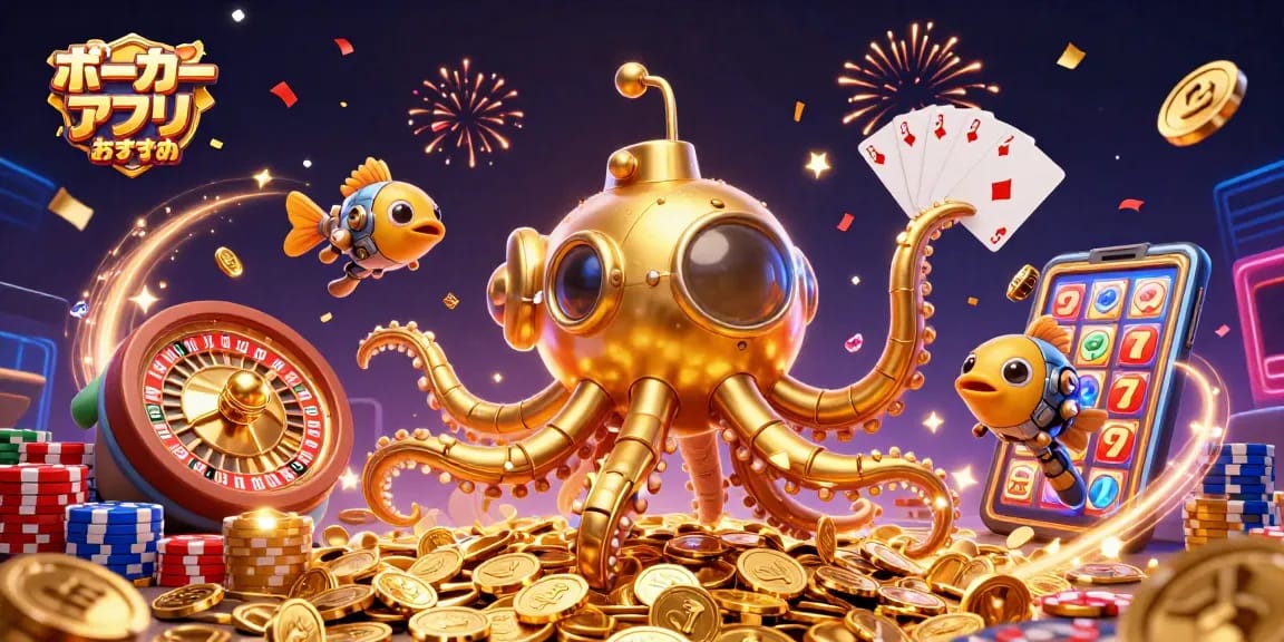 ポーカーアプリおすすめを使って、楽しくプレイ中のポーカーテーブルの様子を描いたイラスト。