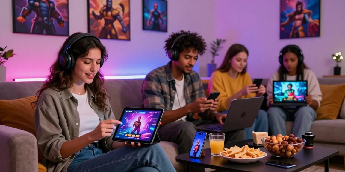 Young adults enjoying immersive porngames in a cozy gaming environment.