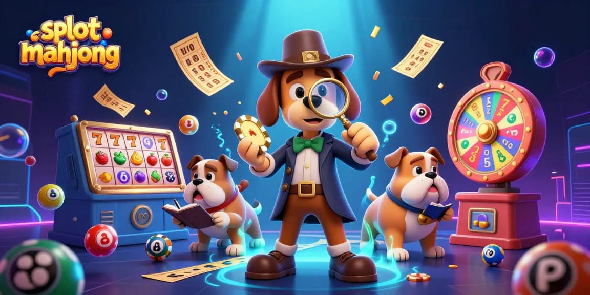 Engage with slot mahjong in a vibrant scene with detectives uncovering clues and exciting game elements.