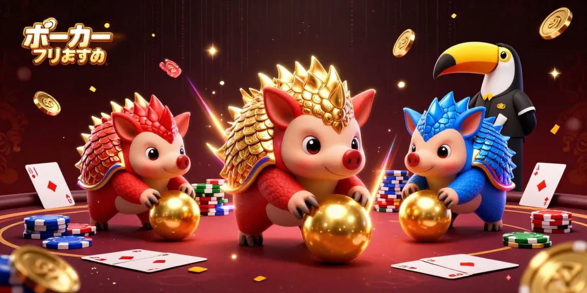 ポーカーアプリおすすめで、競い合う2匹のパンゴリンがポーカーチップを使ってゲームを楽しむ様子