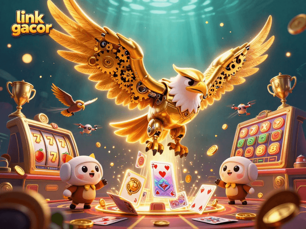 Experience the excitement with link gacor showcasing a cybernetic eagle and vibrant casino elements.