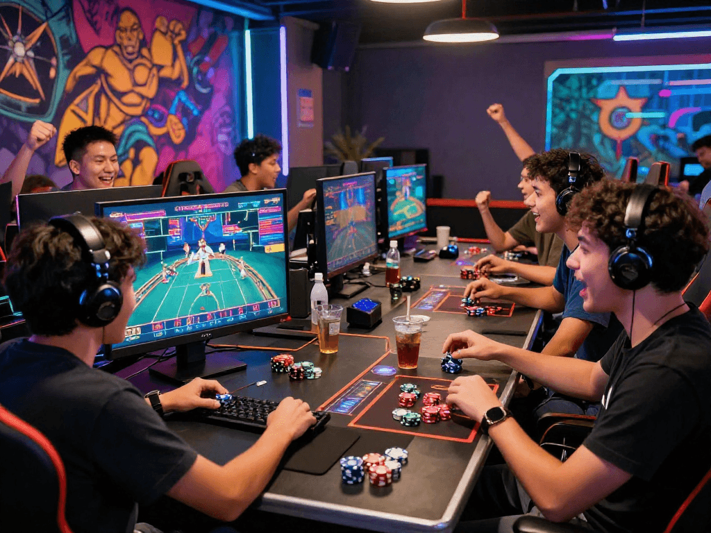 Exciting group gaming experience at Raja328, showcasing vibrant atmosphere and engaged players.
