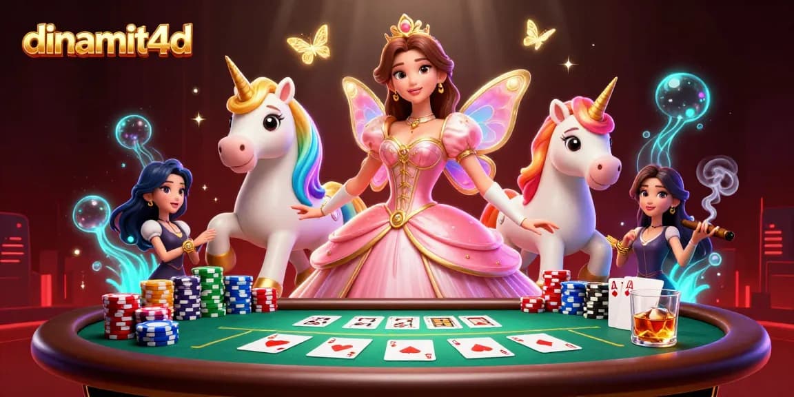 Engage with dinamit4d through a lively scene featuring poker elements and enchanting characters.