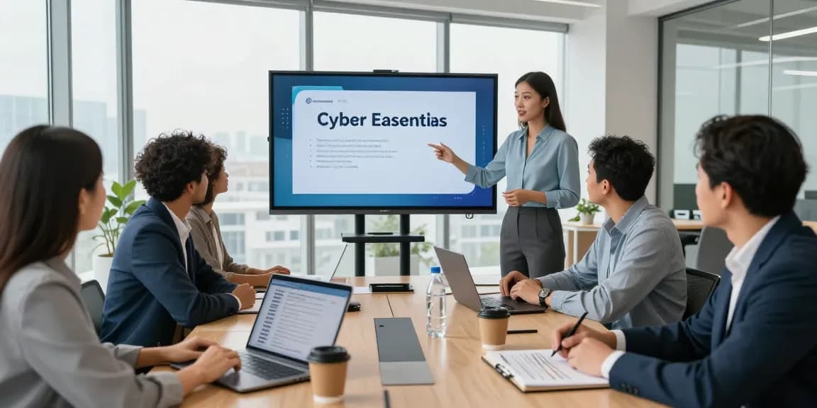 Cyber Essentials certification presentation in a modern business office, demonstrating collaborative cybersecurity strategies.