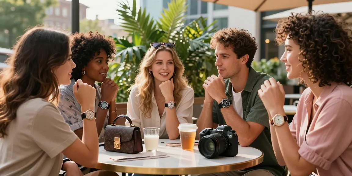 Group of stylish individuals displaying exquisite replica watches at an outdoor café, showcasing luxury lifestyle.