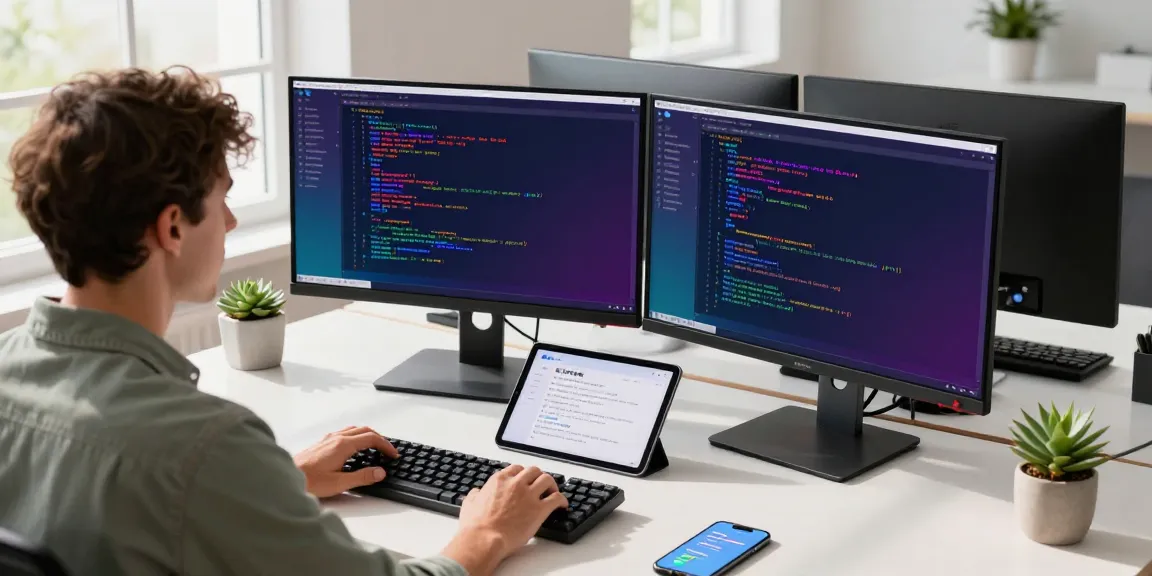 Developer coding the 纸飞机中文版 app in a modern tech workspace with dual monitors and vibrant code.