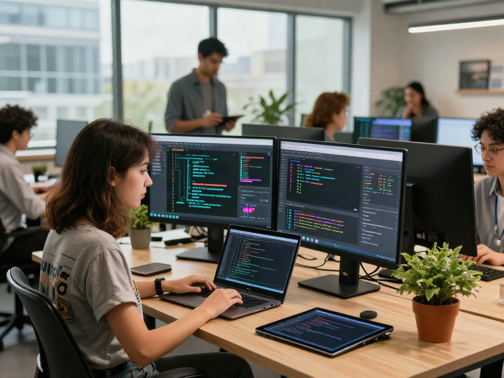 Diverse team collaborating on AI Image Detector technology in a modern workspace, showcasing collaboration and innovation.