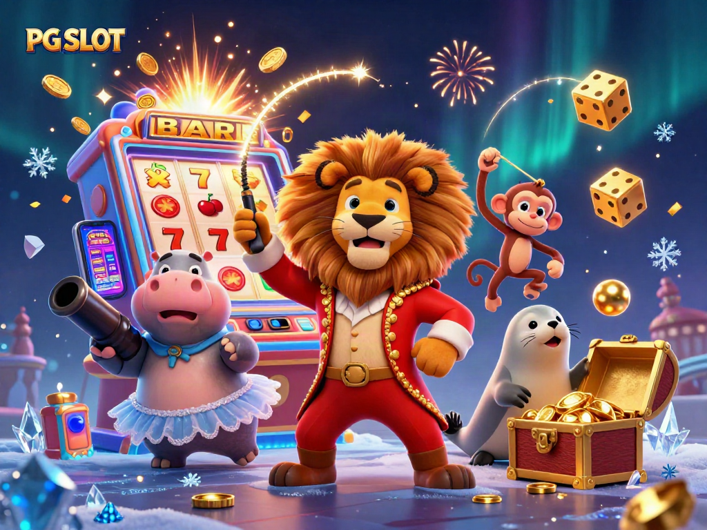 Experience PG SLOT excitement with dynamic 3D carnival characters amidst a jackpot explosion.