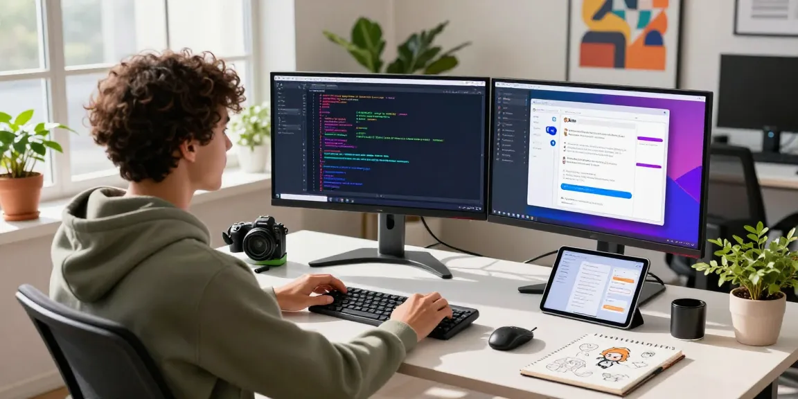 Developer showcasing crushonai platform in modern tech workspace with vibrant code displays and AI character design.